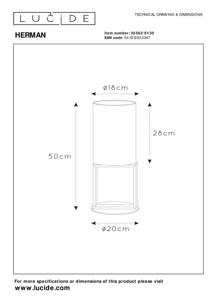 Lucide HERMAN - Tischlampe - Ø 20 cm - 1xE27 - Schwarz - technisch